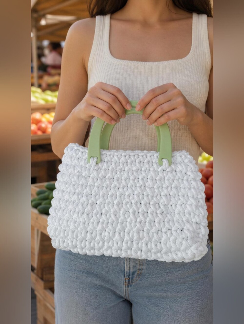 HANDMADE White Crochet Handbag with Light Green Handles SIZE 11" - Picture 3 of 6